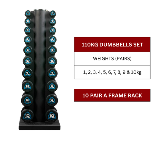 110kg-Urethane-Studio-Dumbbells-Set-with-10-Pairs-Vertical-Rack-1kg-to-10kg