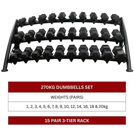 270kg Hex Dumbbell Set with 15 Pair 3-Tier Rack (LP8903) (1kg to 20kg)