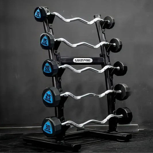 12-Sided Urethane Fixed EZ Curl Barbells Set with Rack