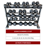 220kg Hex Dumbbell Set with 10 Pair 3-Tier Rack (2kg to 20kg)