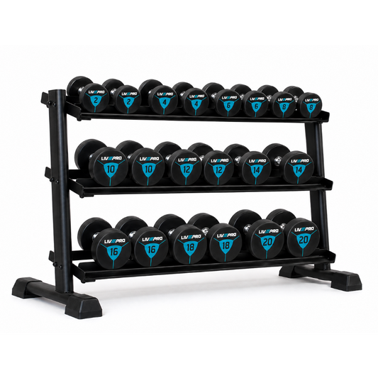 220kg Urethane Round Dumbbells Set with 3-Tier Rack (2kg to 20kg)