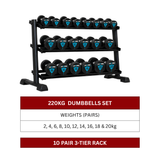 220kg-Urethane-Round-Dumbbells-Set-with-3-Tier-Rack-2kg-to-20kg