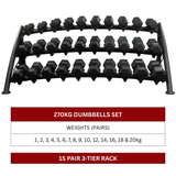 270kg Hex Dumbbell Set with 15 Pair 3-Tier Rack (LP8903) (1kg to 20kg)