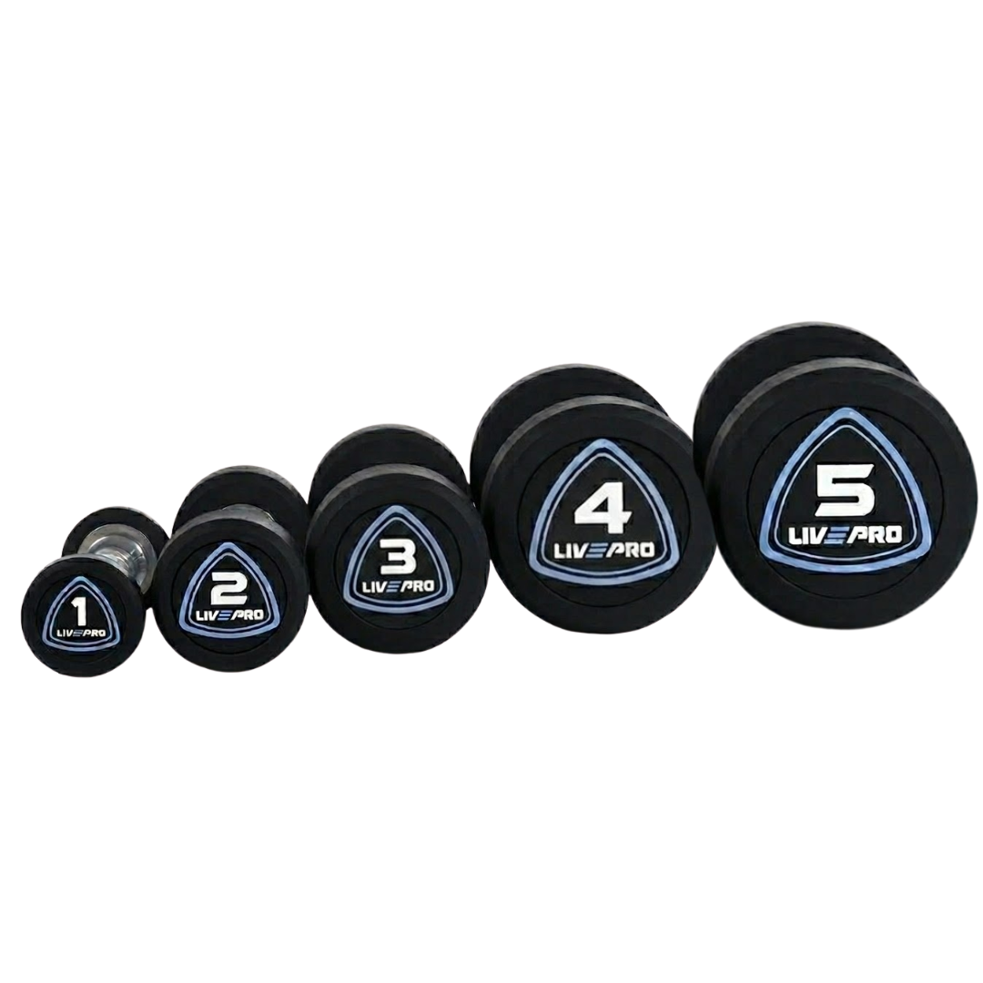 30kg Urethane Round Dumbbells Set with 5 Pairs A-Frame Rack (1kg to 5kg)
