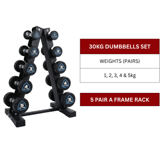 30kg-Urethane-Round-Dumbbells-Set-with-5-Pairs-A-Frame-Rack-1kg-to-5kg