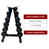 60kg Hex Dumbbell Set with 5 Pair Vertical Rack (2kg to 10kg)