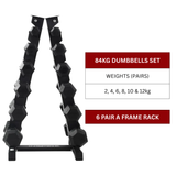 84kg Hex Dumbbell Set with 6 Pair Vertical Rack (2kg to 12kg)