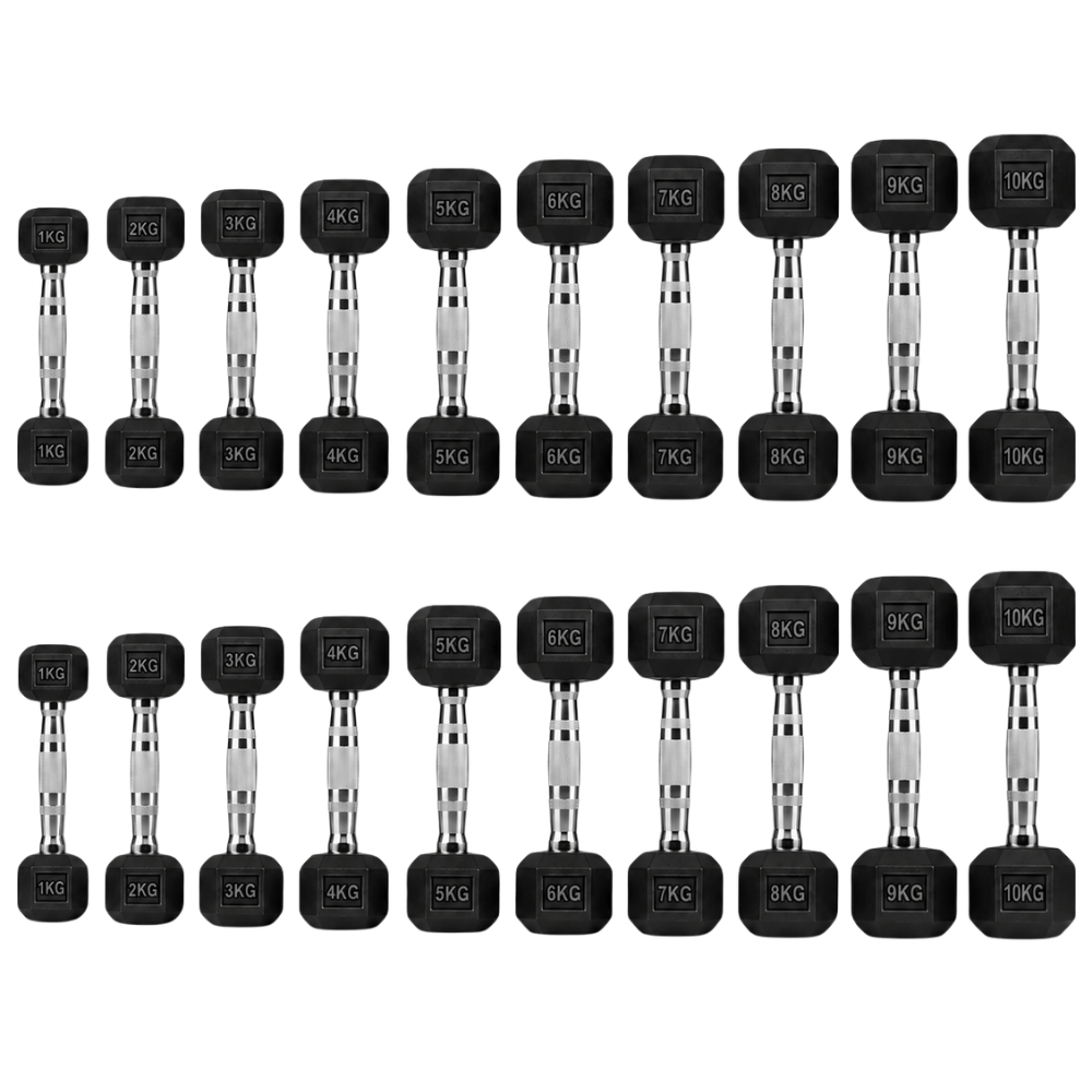 Rubber Hexagonal Dumbbell Set (1kg–10kg Pairs)