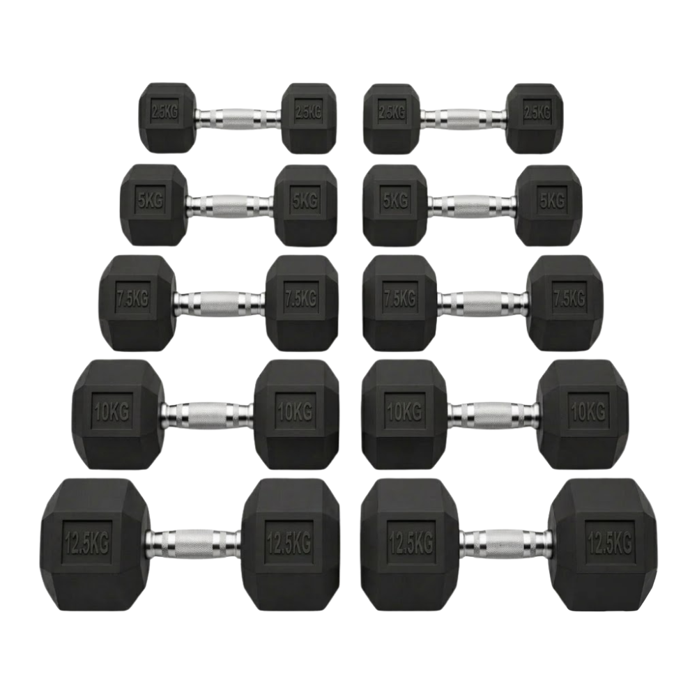 Rubber Hexagonal Dumbbell Set (2.5kg–12.5kg Pairs)