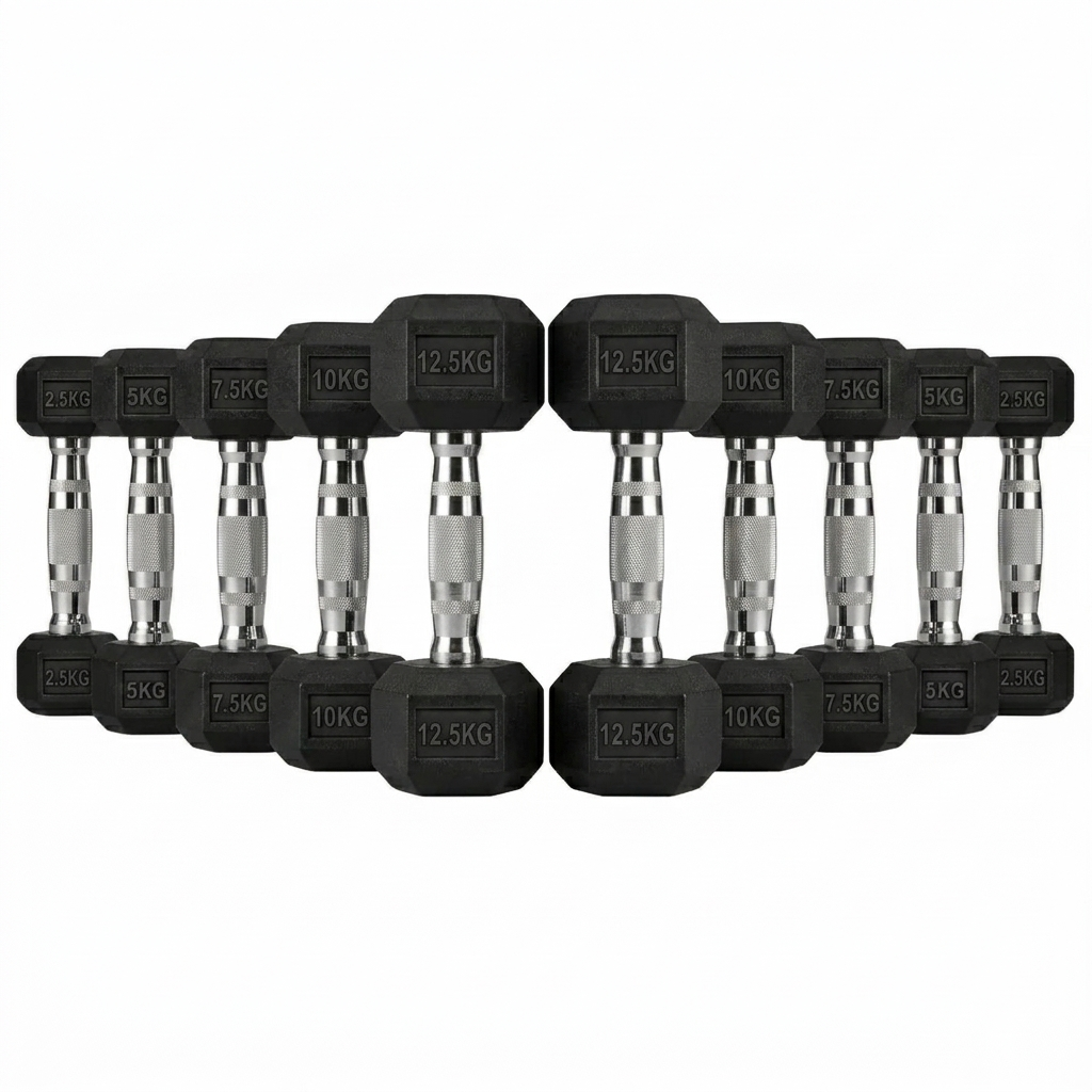 Rubber Hexagonal Dumbbell Set (2.5kg–12.5kg Pairs)