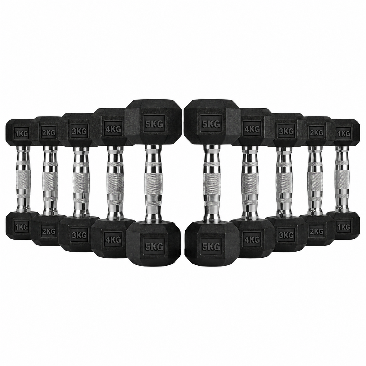 Rubber Hex Dumbbells Collection – 1kg to 5kg pairs