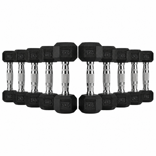 Rubber Hex Dumbbells Collection – 1kg to 5kg pairs