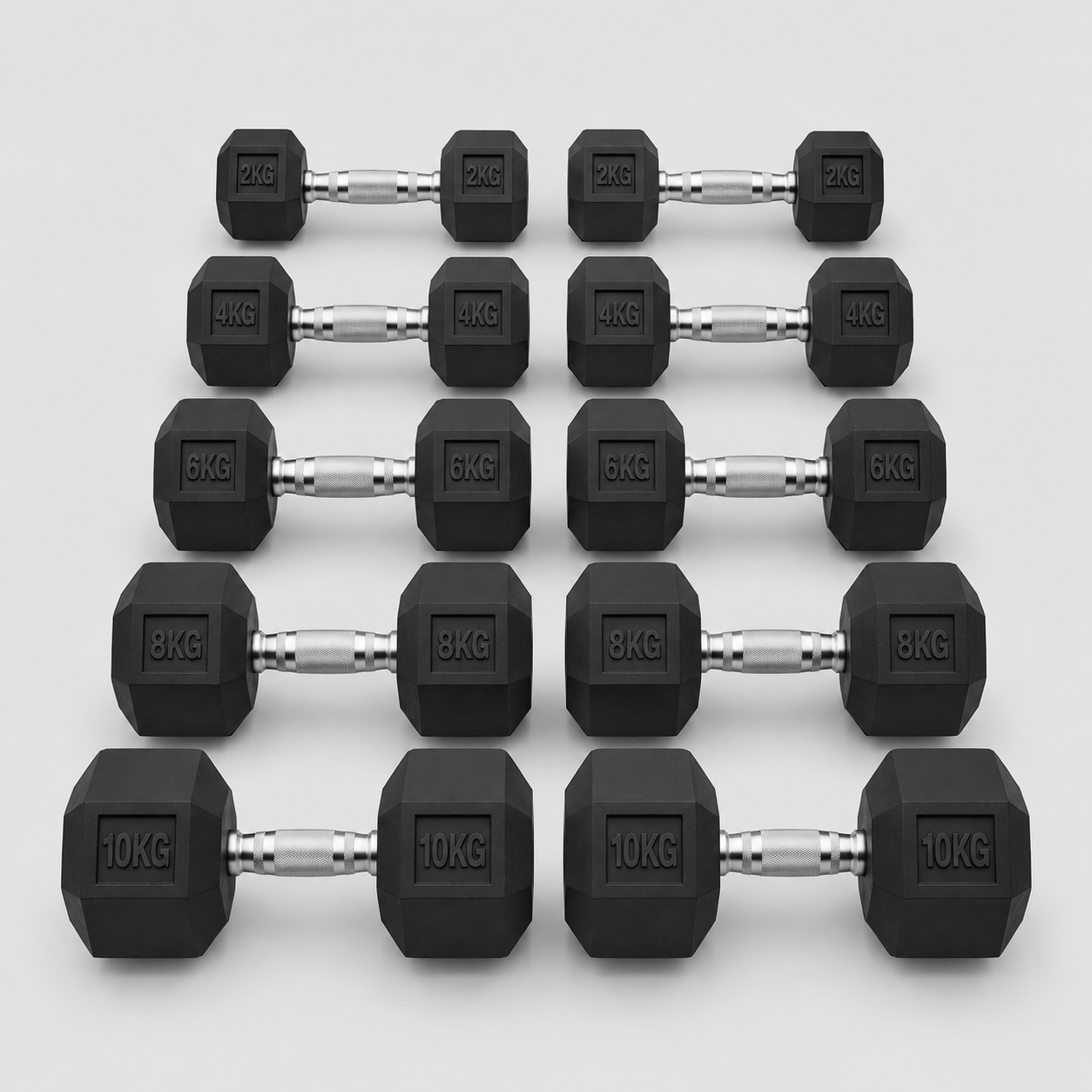 Rubber Hexagonal Dumbbell Set (2kg–10kg Pairs)