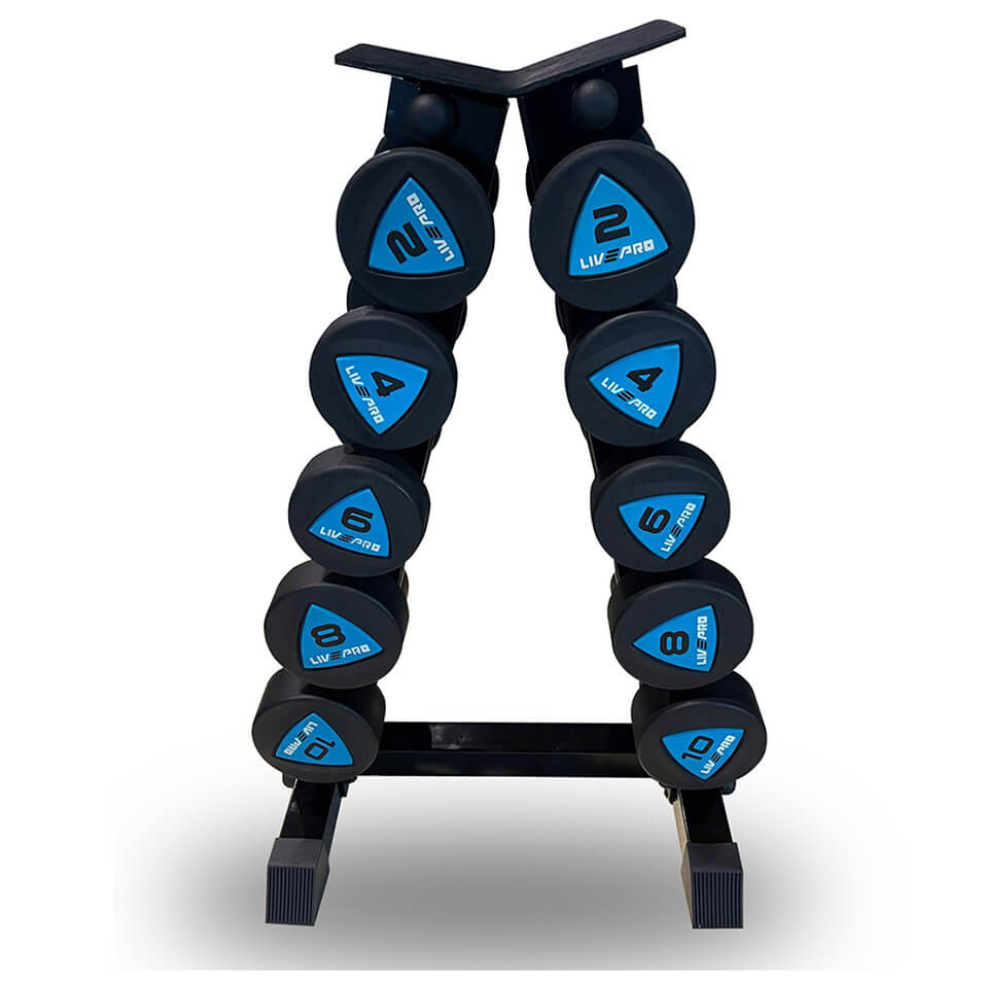 Urethane Round Dumbbell Set (2–10KG) | A-Frame Rack 5 pair