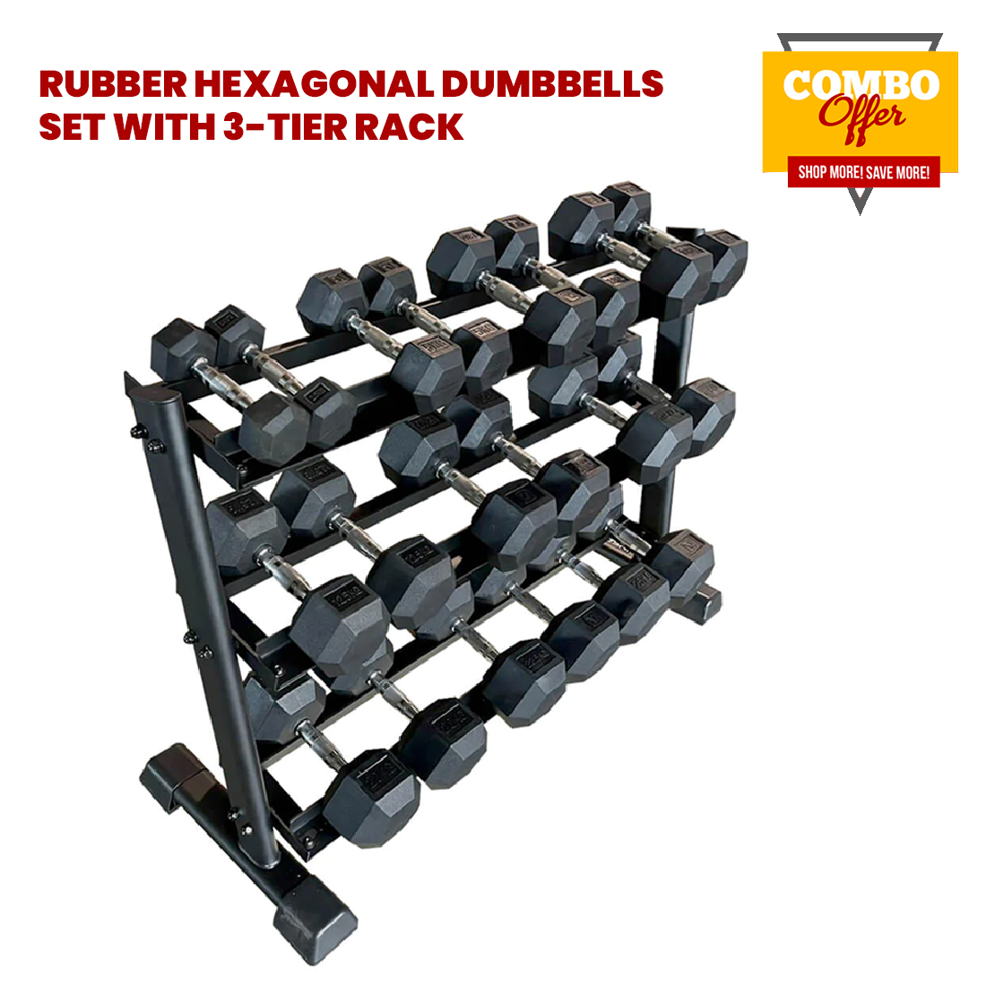 Rubber Hexagonal Dumbbells Set with 3-Tier Rack