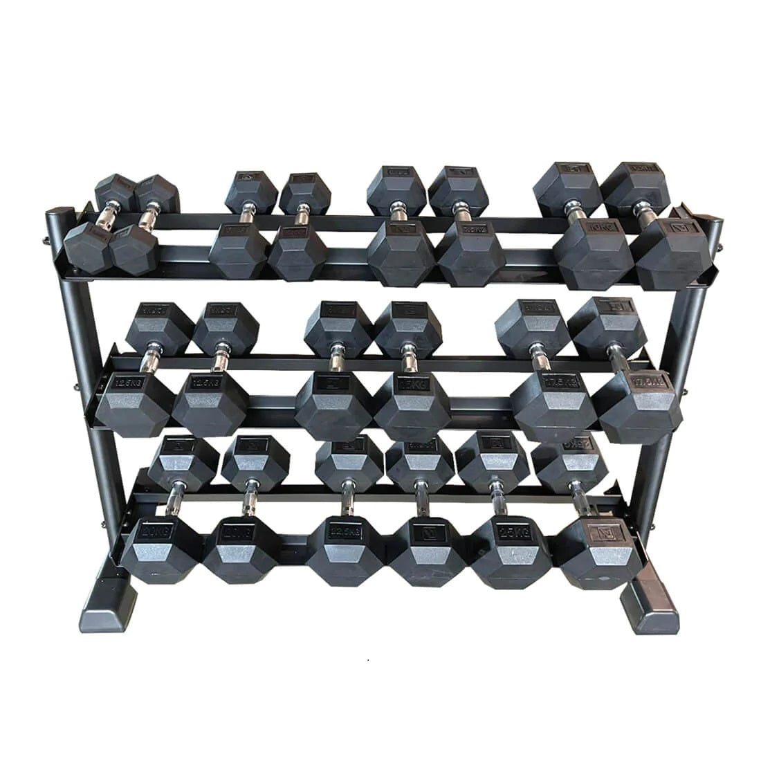 Rubber Hexagonal Dumbbells Set with 3-Tier Rack